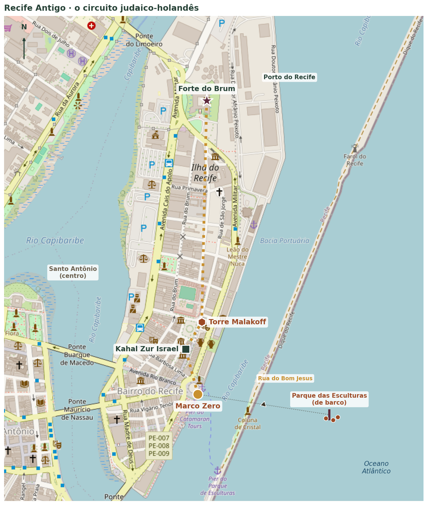 O circuito judaico-holandês no Recife Antigo, sobre o mapa real: Forte do Brum, Sinagoga Kahal Zur Israel, Torre Malakoff e Marco Zero, com o Parque das Esculturas no molhe.